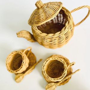 Handmade rattan <b>tea</b> <b>set</b> natural wicker teapot and cups for kids pretend <b>play</b> home decoration rustic nursery or room display - Product Image 4