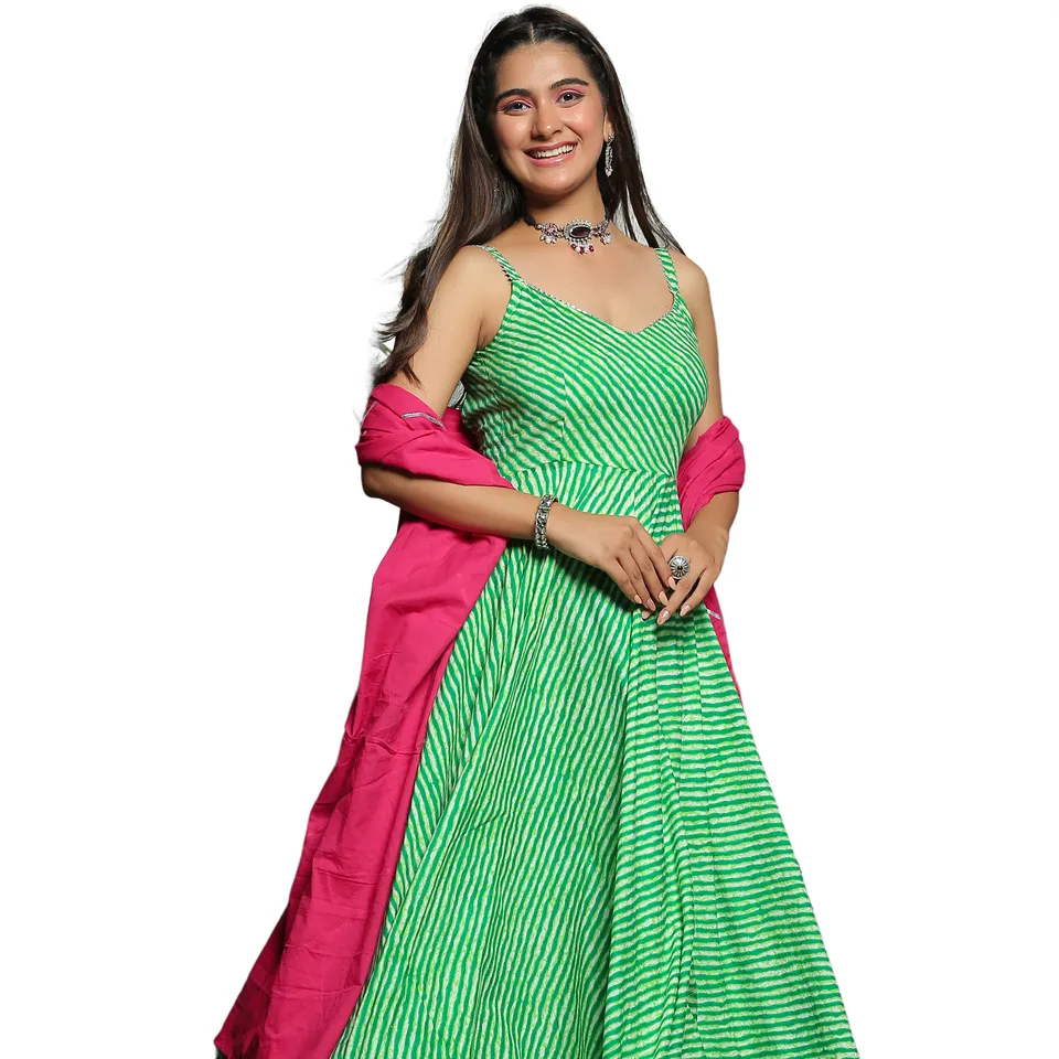 Gaun Anarkali Lehriya hijau dengan manset lengan Dupatta merah muda panas Set setelan dua potong atasan + bawah harga rendah