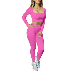 Huzafa, conjunto de Yoga de dos piezas de manga larga para mujer, ropa activa, sujetador y mallas de yoga sin costuras con patrón sólido, nuevo producto - Product Image 1