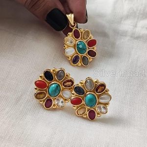 Conjunto de Joyas para Mujer, Piedras Preciosas Naturales Navratan, Regalo de Navidad o San Valentín, Joyería Hecha a Mano, Plata de Ley 925, Conjunto de Pendientes y Colgante - Product Image 3