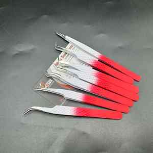 Pince à cils ombre rouge et blanc à deux tons à forte adhérence en acier durable Logo personnalisé pince à épiler à extension de cils à poignée en diamant - Product Image 3