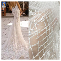YX1276 5 Yards DE LACE Tissu de dentelle à sequins brodé en croix rayé, broderie florale, dentelle de mariée blanche