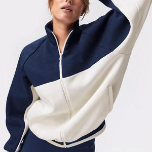 Sweat-shirt à capuche pour femme, style universitaire, fermeture éclair intégrale, tricoté, doublé, avec design bicolore - Product Image 4