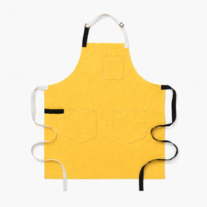 Yellow Bib <b>Apron</b> with Three Pockets Canvas Woven Simple Style Machine Washable Reusable Eco-Friendly for Cooking Daily Use - Product Image 1