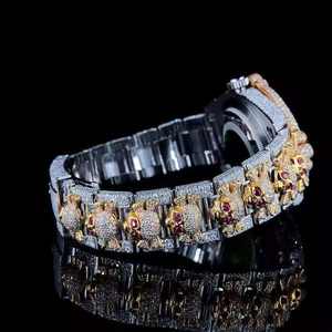 Montre mécanique pour homme, entièrement sertie de diamants, avec cadran jaune, diamants en moissanite et mouvement à quartz de luxe en acier inoxydable - Product Image 5