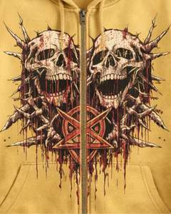 Sudadera con Capucha Personalizada Amarillo Mostaza con Gráfico de Doble Calavera, Estilo Gótico Urbano, Sudadera de Felpa con Estilo Lavado Ácido, Ropa Personalizada para Hombre - Product Image 4