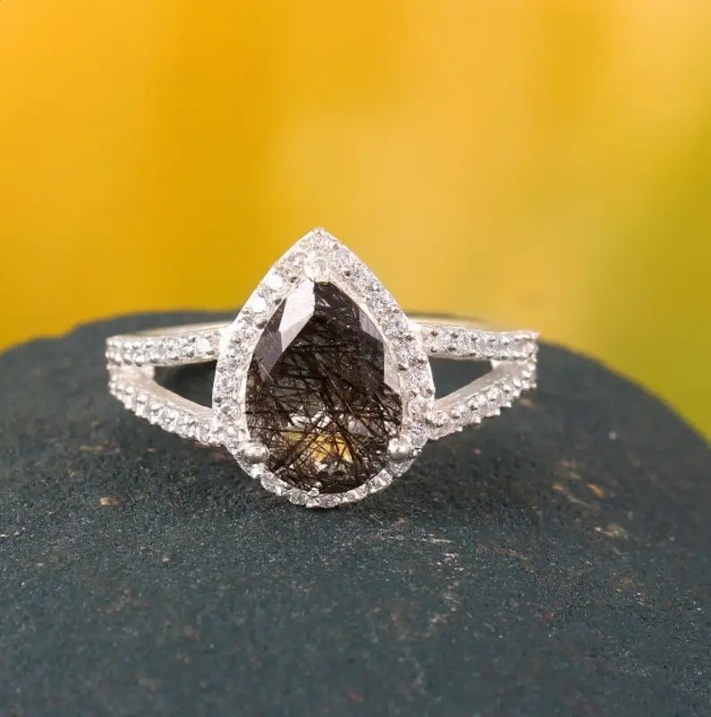 Forma de pera, piedra de rutilo negro, Plata de Ley 925 sólida, niñas, mujeres, niñas, boda, banda de compromiso, joyería fina, anillos de plata