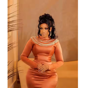 Vibrant Red <b>African</b> Satin Bridal <b>Dress</b> Luxury Cotton Silk Polyester with Beaded Edges Lace Embroidery - Product Image 6