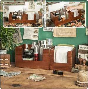 Boîte en bois boîte de rangement cosmétiques 2 pièces organisateur de bureau en bois rustique armoire de rangement de maquillage de table pour salle de bain - Product Image 3