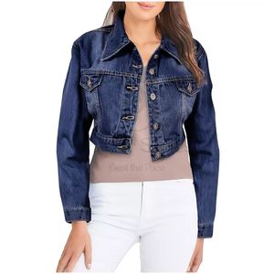 Chaqueta vaquera recortada para mujer con lavado ácido azul marino, estilos de jugador personalizables, botones acolchados, transpirable, piel de oveja, algodón, Invierno - Product Image 1