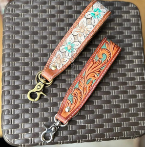 <b>Tooled</b> Leather Key <b>Clip</b> Western Leather Keychain Wristlet Personalized Key Fob Cowgirl Car Key Wristlet Key Strap Wrist Keychain - Product Image 5