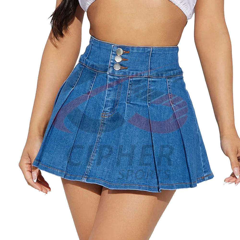 Denim Mini Skirt Pleated Denim Skirt 9mm Knee Length Button Front