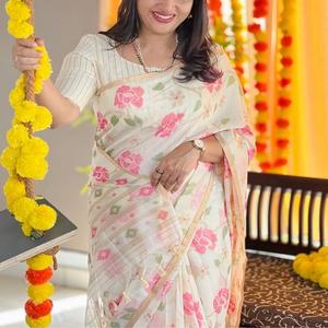 Sari traditionnel indien et pakistanais en coton et soie de style Jamdani pour femmes - Product Image 1