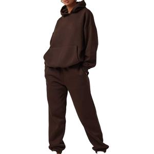 Survêtement pour femmes en coton épais deux pièces vierge Jogging Costume uni surdimensionné Pull à capuche Ensemble survêtement personnalisé pour femmes - Product Image 3