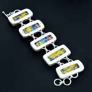 Mosaico Arco Iris jaspe pulsera mosaico jaspe piedra preciosa hecha a mano 925 pulsera de plata esterlina mosaico jaspe pulsera para regalo - Product Image 1