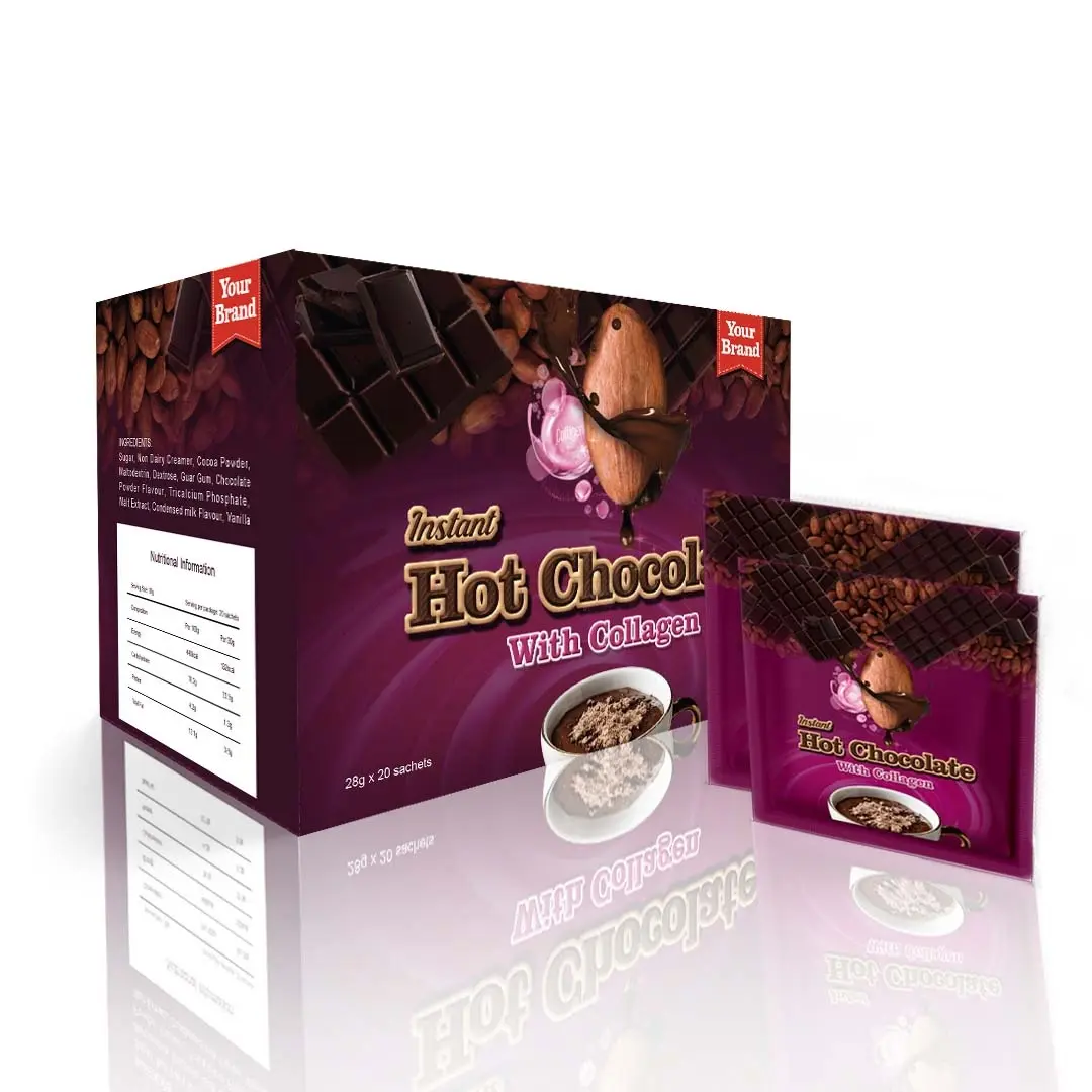 Chocolat chaud instantané de qualité supérieure à vente rapide avec emballage au collagène ODM utilisant du collagène marin pour améliorer la peau fabriqué en Malaisie HALAL