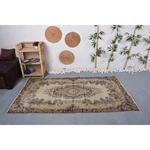 Alfombra turca de área grande Vintage, diseño de retazos beige marrón, estilo clásico, rectángulo de 3,7x6,8 pies para dormitorio, Material de lana, látex - Product Image 1