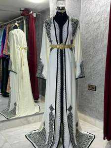 Elegant Moroccan Satin <b>Silk</b> Beaded Kaftan Dress <b>White</b> Women's Natural Waist Floor-Length Evening Party Breathable Anti-Wrinkle - Product Image 2