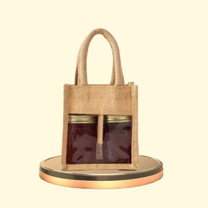 Sac de jute écologique à deux pots avec fenêtre en PVC idéal pour l'emballage des aliments, les cadeaux ou la vente au détail. Poignée solide et aspect naturel. - Product Image 1
