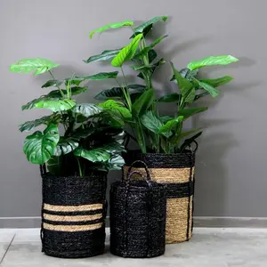 High quality best selling eco-friendly Set of 3 Sea Grass Round Basket with woven handles, color striped from Vietnam