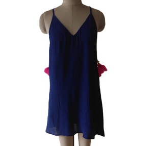 Blue Cotton Crepe Halter Neck Short Dress for Ladies Fringed Back <b>Bead</b> Embroidery Cut-Back Design Breathable Long Summer Dress - Product Image 2