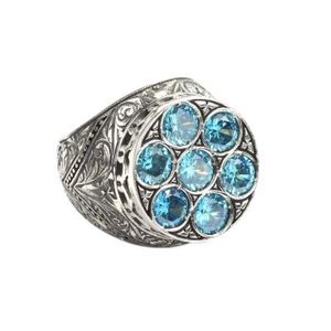 Bague pour homme en argent sterling 925, fabriquée à la main, avec 7 pierres d'aquamarine serties clos, motif colonne gravé, pour usage quotidien, certifiée IGI - Product Image 2