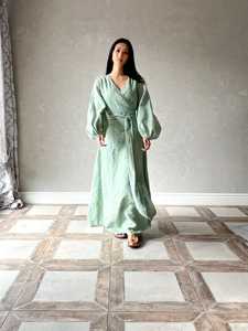 2025 verano Lino algodón fino teñido nuevo chino suelto Casual cuello en V Retro manga larga lino 100% Lino elegante vestido de mujer - Product Image 2