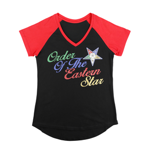 OES T-shirt noir à col en V 100% coton Chemise Order of Eastern Star Vêtements personnalisés de sororité de la fraternité à manches raglan brodées - Product Image 1