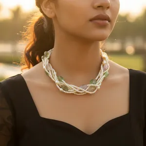 Collier tressé bohème et religieux en perles d'eau douce et pierres précieuses, chaînes tendance, bijoux statement pour femmes, cadeau religieux - Product Image 1
