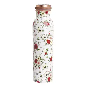 WHITE PRINTED COPPER WATER BOTTLE WITH HEALTH BENEFITS FOR BODY LOWEST PRICE WHOLESALER FROM INDIA