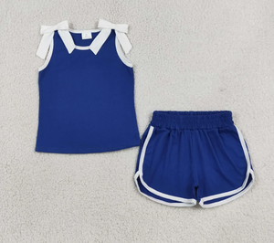 Ensemble de vêtements courts pour bébés filles, haut sans manches bleu chaud avec nœuds blancs - Product Image 1