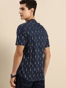 Camisa informal de algodón puro con estampado regular fit azul marino para hombre, Camisa de algodón transpirable para hombre, camisa azul ikat India para hombre - Product Image 5