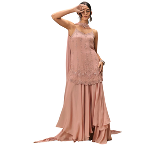 Chinon rose poussiéreux brodé Kurta Palazzo ensemble vente en gros de vêtements ethniques pour femmes OEM fournisseur d'usine mariage personnalisé - Product Image 2