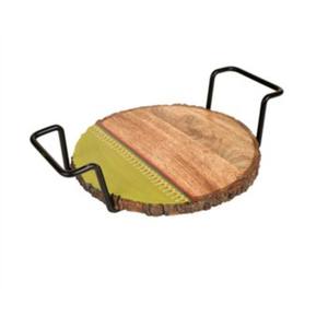 Soporte de madera para pizza y pastel Forma redonda con asas de hierro Madera maciza elegante de tamaño mediano Perfecto para uso en restaurante - Product Image 1