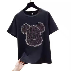 T-shirts décontractés d'été pour femmes personnalisés, design en strass, 100% coton tricoté, tee-shirt surdimensionné - Product Image 3