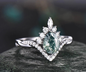 Women's Unique Natural <b>Moss</b> <b>Agate</b> Bridal <b>Ring</b> Rose Gold Plated Pear Cut Moissanite for Weddings <b>Engagements</b> Valentine's Day - Product Image 2