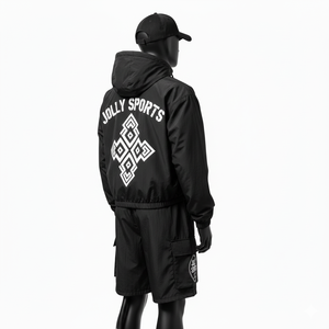 Conjunto de Pantalones Cortos Cortavientos de Nailon Premium, Resistentes al Agua, Diseño de Paneles Negros, Logotipo Personalizado por Transferencia de Calor, Conjunto de Pantalones Cortos Cortavientos para Hombre - Product Image 4