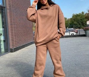 Chándal de lana de 2 piezas de gran tamaño para mujer, sudadera con hombros caídos y decoración Vintage, logotipo personalizable, ropa para correr - Product Image 2