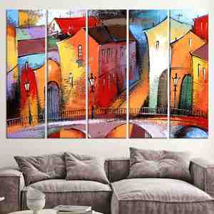 Arte impreso en lienzo con vista a la ciudad, estilo moderno de vidrieras coloridas, JUEGO DE 5 LIEÑOS - Product Image 1