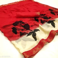 Sari en polyester imprimé numérique rouge avec bordure florale pour femme, tenue traditionnelle indienne pour mariage, longueur au sol, coupe classique