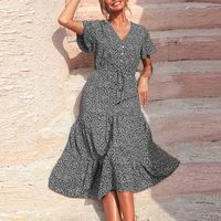 Robe longue élégante pour femme à imprimé floral, manches courtes, col en V, taille haute empire, idéale pour la plage - Grande Vente
