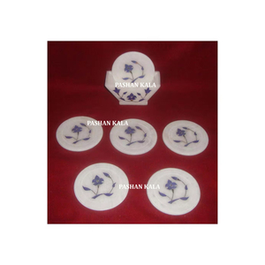 High Class Quality Pure <b>White</b> Marble Inlay Tea Coaster Set <b>Round</b> Shape for Home and Kitchen Decoration Purpose Manufacturing - Product Image 1