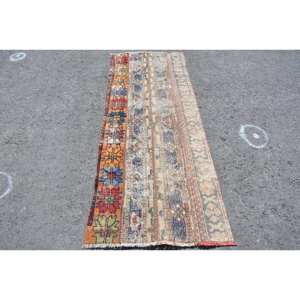 Tapis turc vintage classique, motif patchwork orange et bleu, fait main, en laine avec envers en latex, grand rectangle 2,6x6,7 pieds, poils moyens - Product Image 1