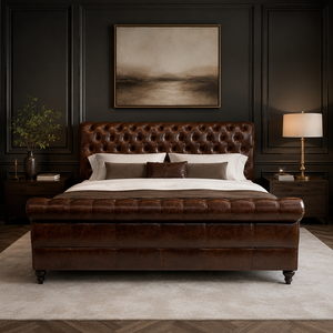 Luxury Craftsman Tufted Bed Custom Color Handmade Upholstered Solid Mango Wood Frame King Size Twin XL Vintage Brown - Product Image 1