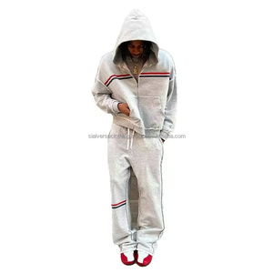 Ensemble de survêtements d'hiver cousus sur mesure pour hommes de haute qualité 100% coton vêtements de sport décontractés panneaux contrastés avec fermeture éclair imprimé tendance - Product Image 2