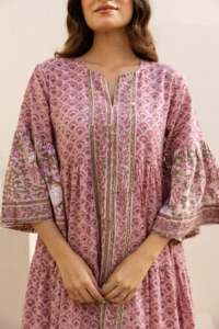 Vestido Maxi Bohemio para Mujer, Estilo Ecológico, Estampado Floral Rosa Indio, Cuello en V, Algodón, Kaftán, Mangas Anchas, Étnico, Verano - Product Image 2