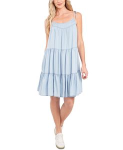 Robe décontractée vintage pour femme, sans manches, à fines bretelles, en mousseline de soie bleu ciel, coupe ajustable, à volants, longueur genou, col rond, style A-line - Product Image 1