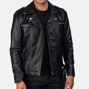 Chaqueta de Motociclista de Piel de Cordero Genuina para Hombre, Estilo Desgastado, Cuello Alto, Logotipo Frontal, Alta Calidad - Product Image 1