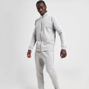 Men Grey Sweat Tracksuit with Striped Sleeves Cozy Zip Up Jacket & Jogger Pants for Sports and Everyday Wear - Product Image 1