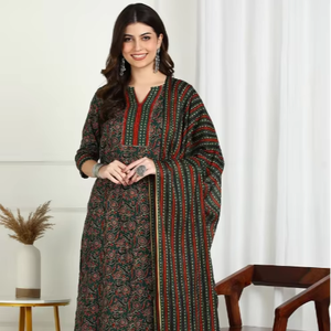 Kurta Recta de Algodón con Estampado Floral para Mujer, con Pantalón Elástico en la Parte Inferior y Dupatta, Largo hasta la Pantorrilla, Cuello Redondo, Manga Tres Cuartos, Verde - Product Image 1